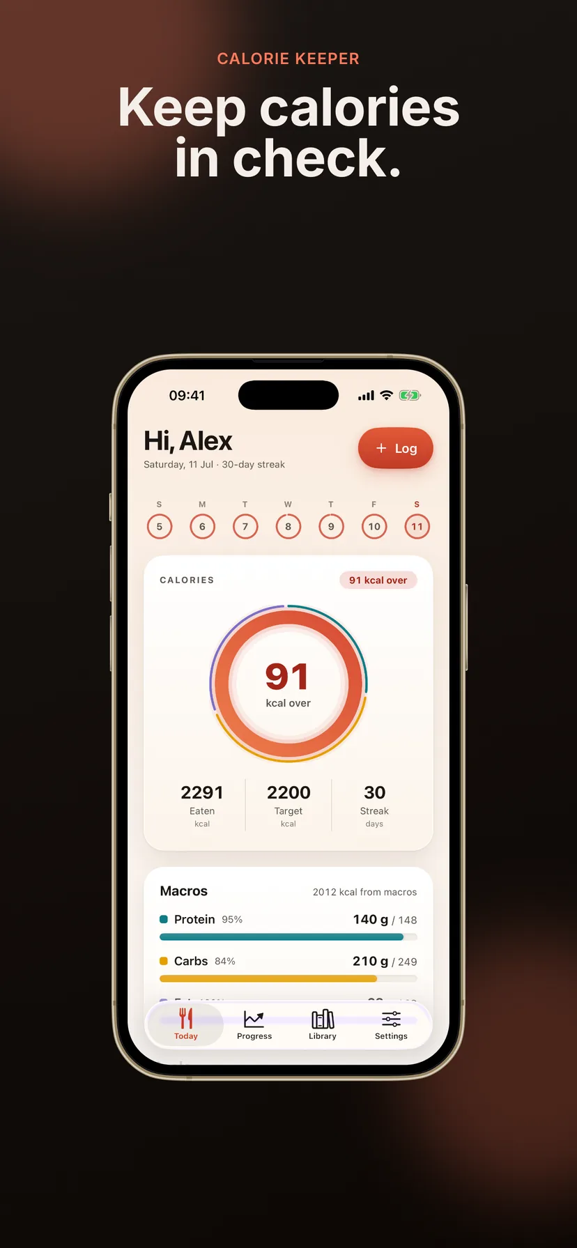 Calorie Keeper app screenshot showing the daily tracking overview