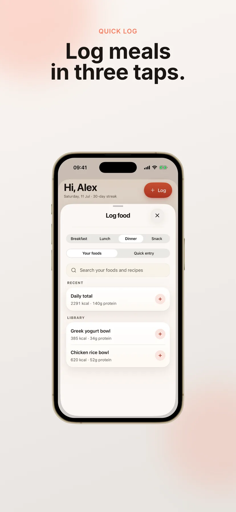 Calorie Keeper app screenshot showing a daily tracking screen