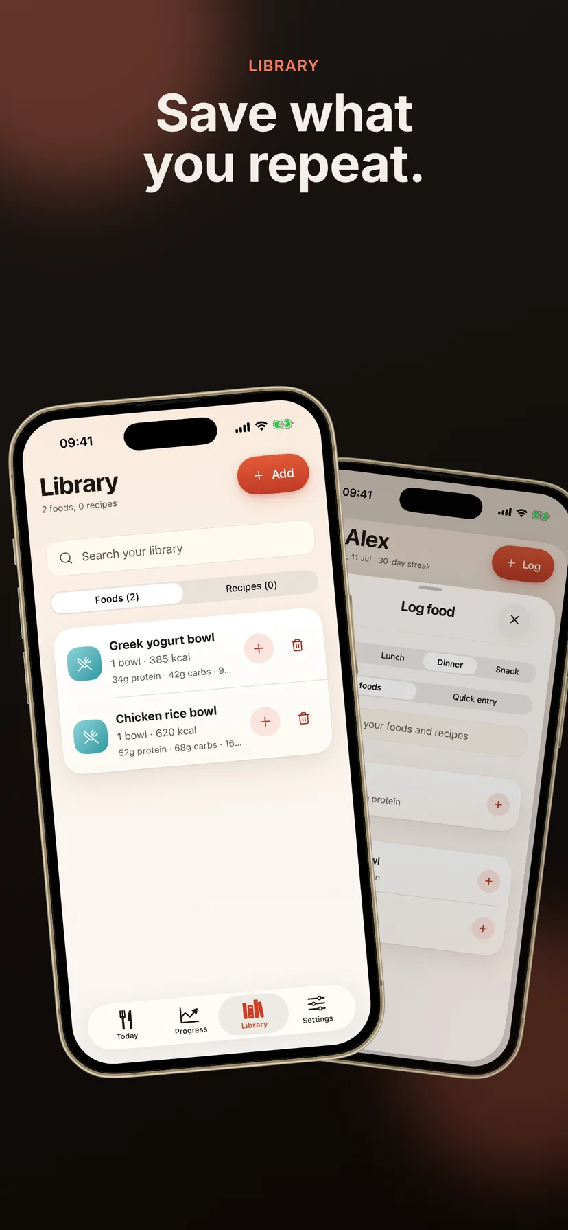 Calorie Keeper app screenshot showing two mobile screens